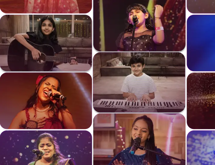 Students taking 1:1 live online music classes with Artium Academy — guitar, keyboard, and vocal performances