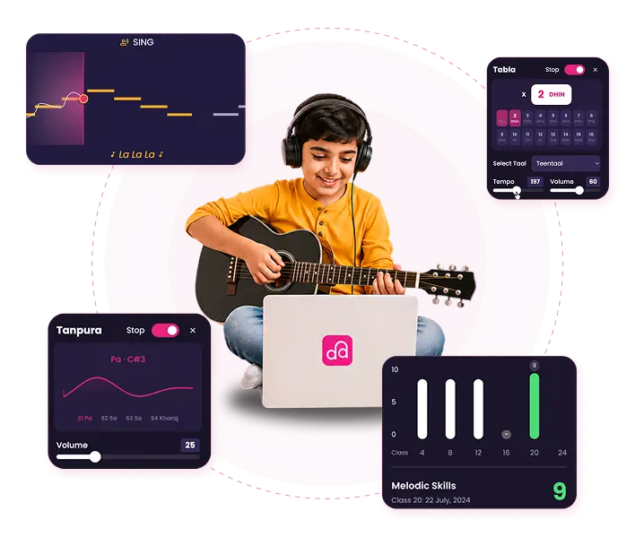 Artium Academy online music learning app with practice tools — tanpura, tabla, and vocal pitch tracker