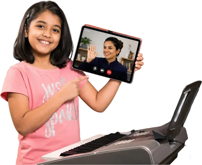 A young learner holding a tablet with her Artium piano teacher on a video call, beside a keyboard