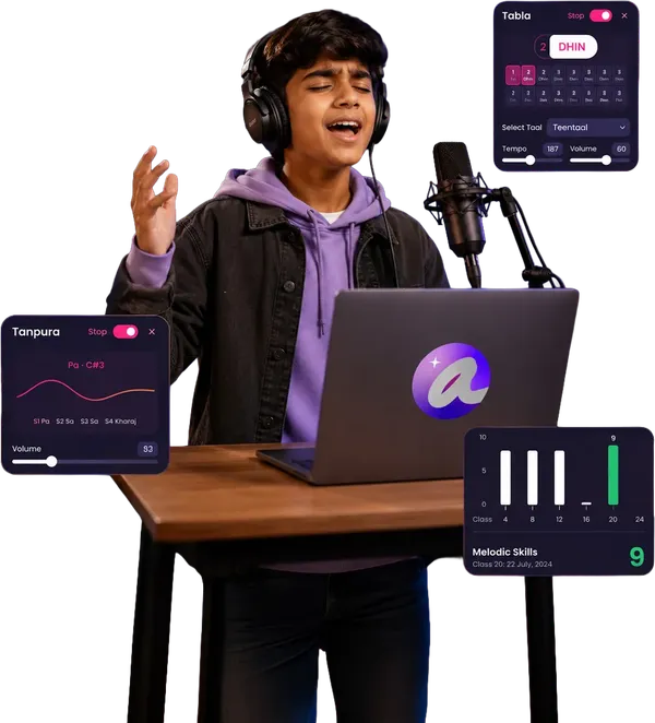 A learner singing at a laptop with Artium app screens around him