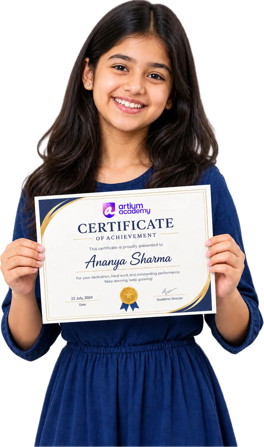 A smiling learner holding her Artium certificate