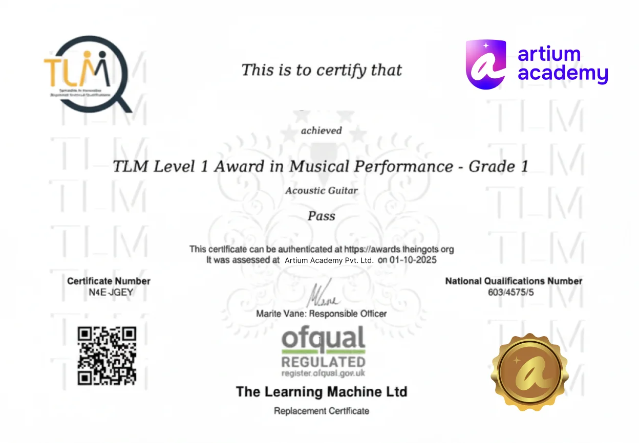 An Artium certificate: TLM Level 1 Award in Musical Performance, Grade 1, Ofqual regulated, from The Learning Machine Ltd