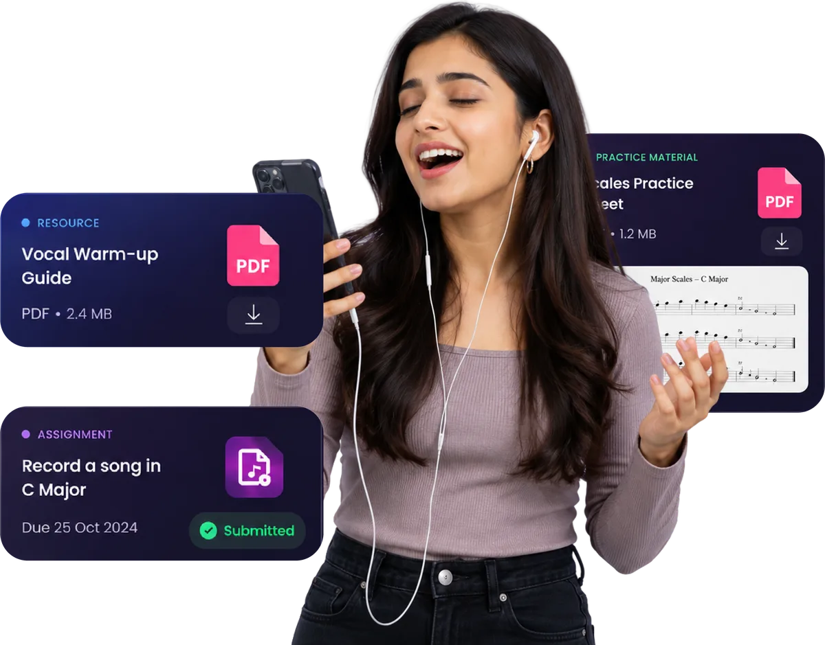 A learner singing with the Artium app's practice material and assignments around her