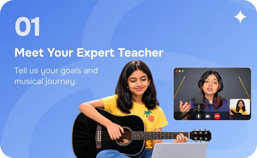 A girl with an acoustic guitar in a live video class with her teacher