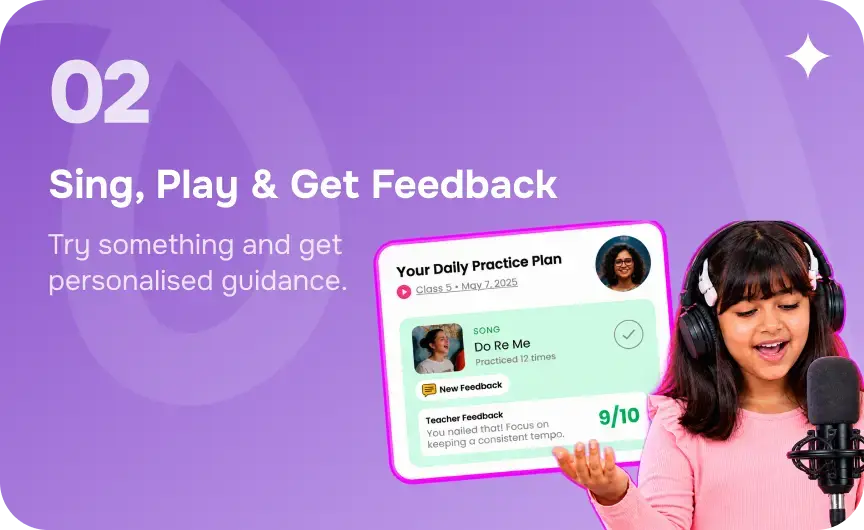 A girl in headphones singing at a microphone beside her daily practice plan and teacher feedback
