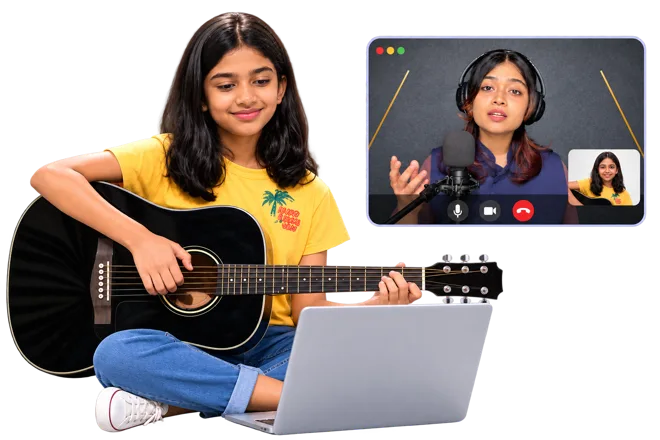 A girl with an acoustic guitar in a live video class with her teacher