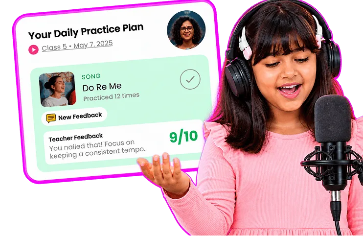 A young Artium learner singing into a microphone beside her daily practice plan and teacher feedback