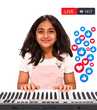 A girl playing the keyboard in a live-streamed showcase with reactions floating up