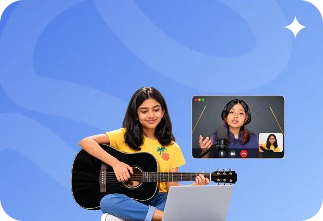 A girl with an acoustic guitar in a live video class with her teacher