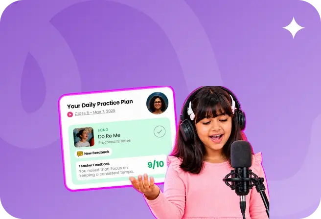 A young Artium learner singing into a microphone beside her daily practice plan and teacher feedback