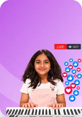 A girl playing the keyboard in a live-streamed showcase with reactions floating up