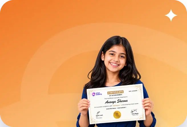 A smiling student holding her Artium music certificate, with OfQual accreditation and UCAS points