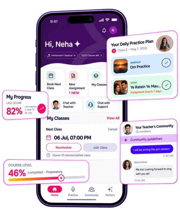 The Artium music learning app showing a daily practice plan, progress score, next class and teacher community