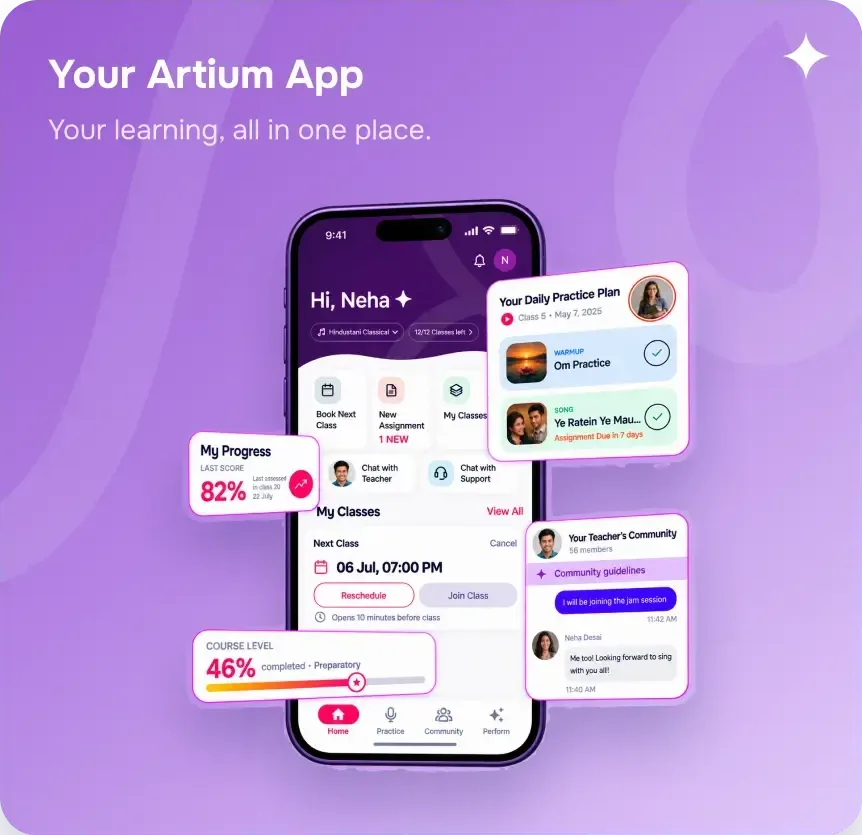 The Artium music learning app showing a daily practice plan, progress score, next class and teacher community