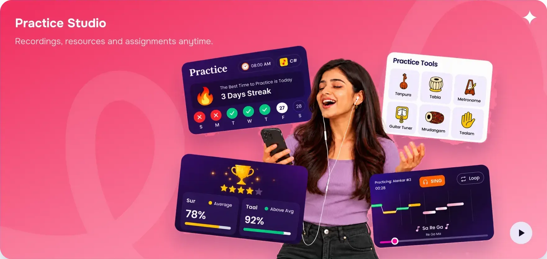 A student singing along on her phone in the Artium Practice Studio, with a practice streak, sur and taal scores, practice tools and a singing exercise