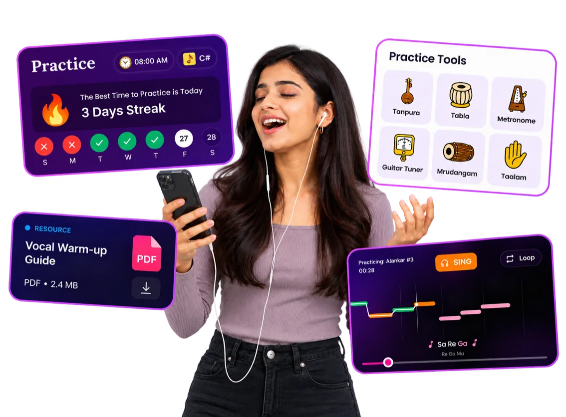 A student singing along on her phone in the Artium Practice Studio, with a practice streak, sur and taal scores, practice tools and a singing exercise