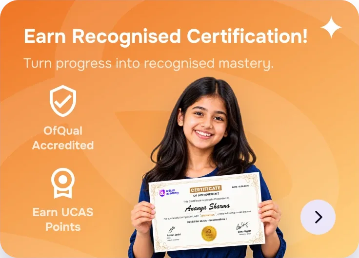 A smiling student holding her Artium music certificate, with OfQual accreditation and UCAS points