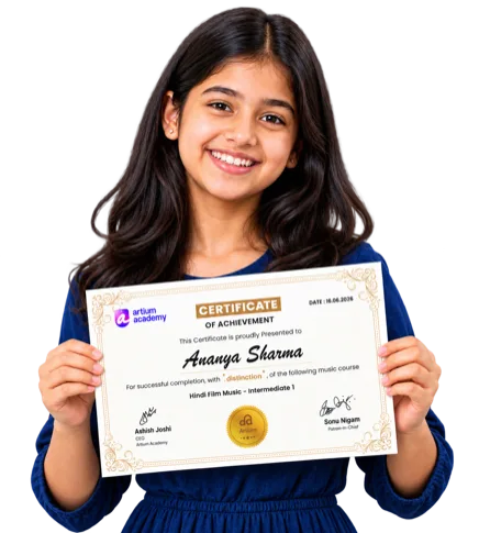 A smiling student holding her Artium music certificate, with OfQual accreditation and UCAS points