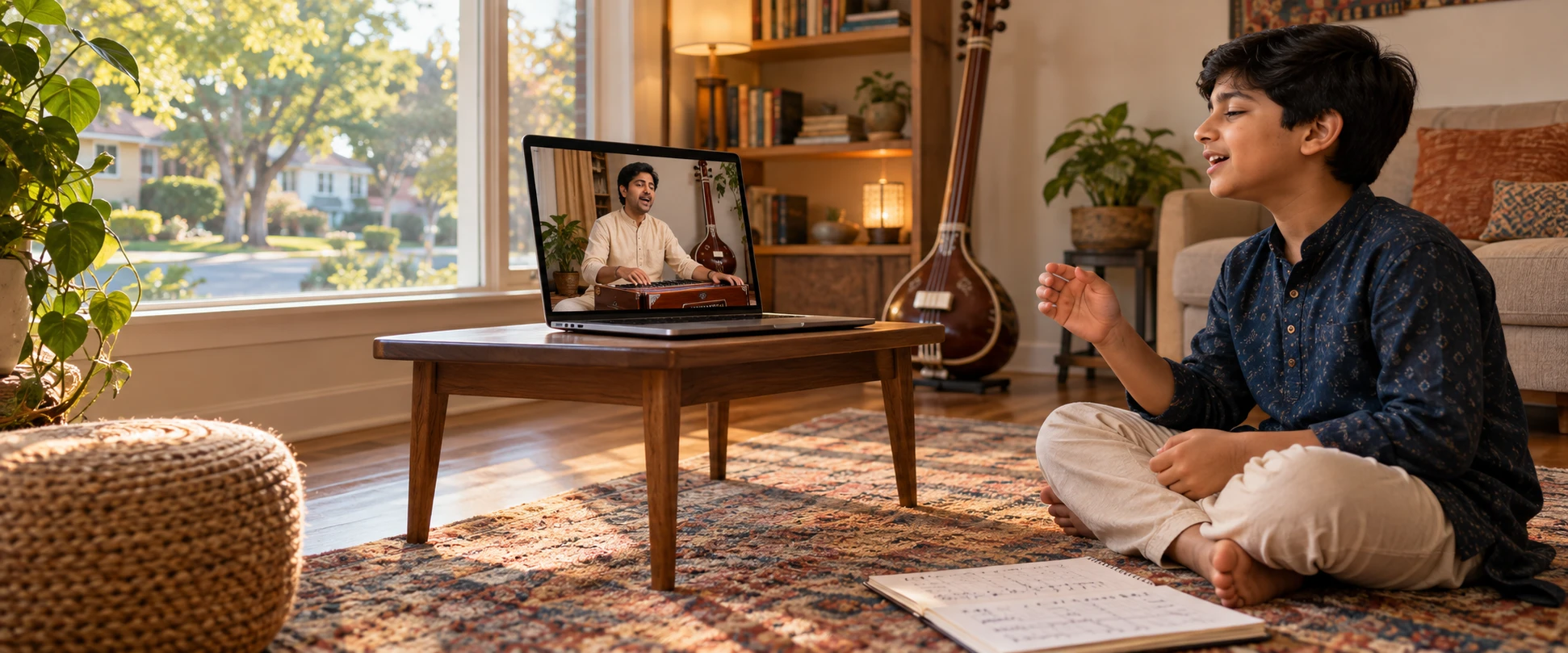 A boy singing along with his Artium teacher and tanpura in a live 1:1 online Hindustani class