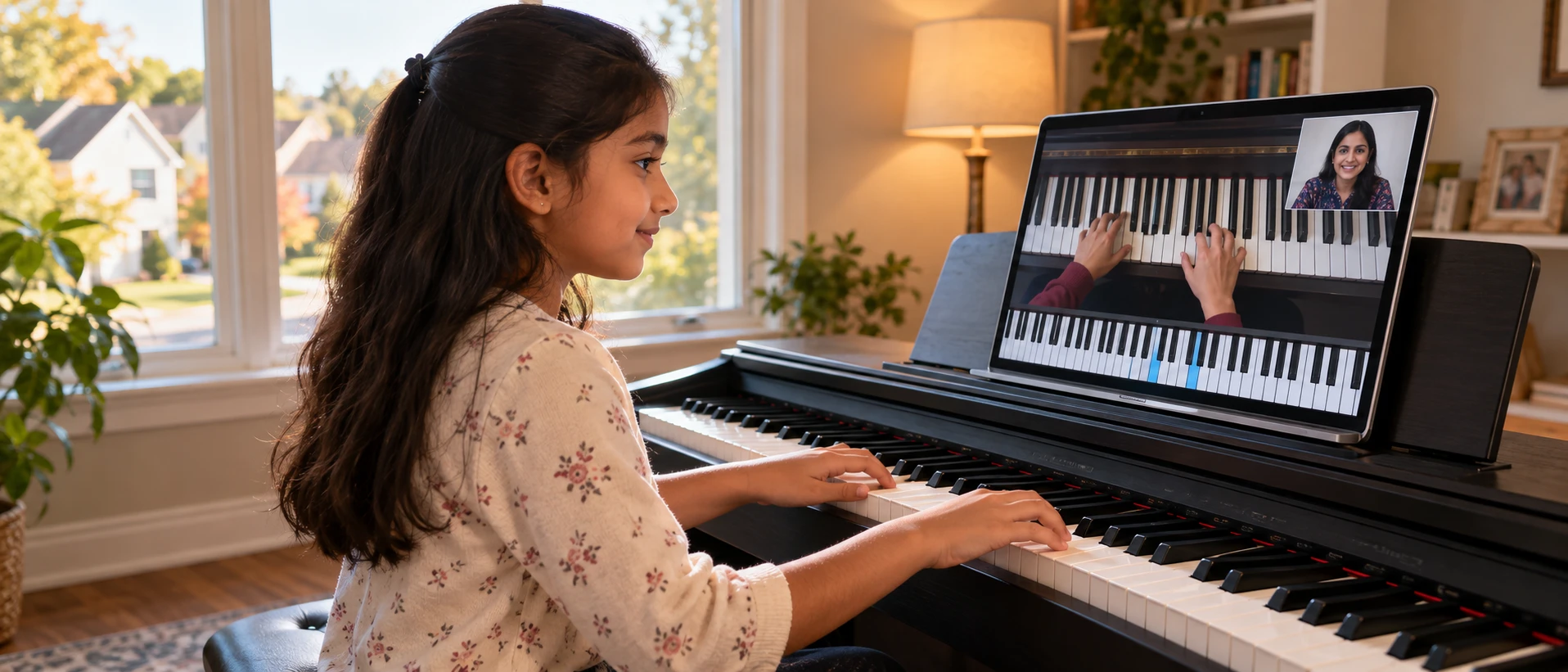 A girl playing a digital piano while following her Artium teacher in a live 1:1 online class