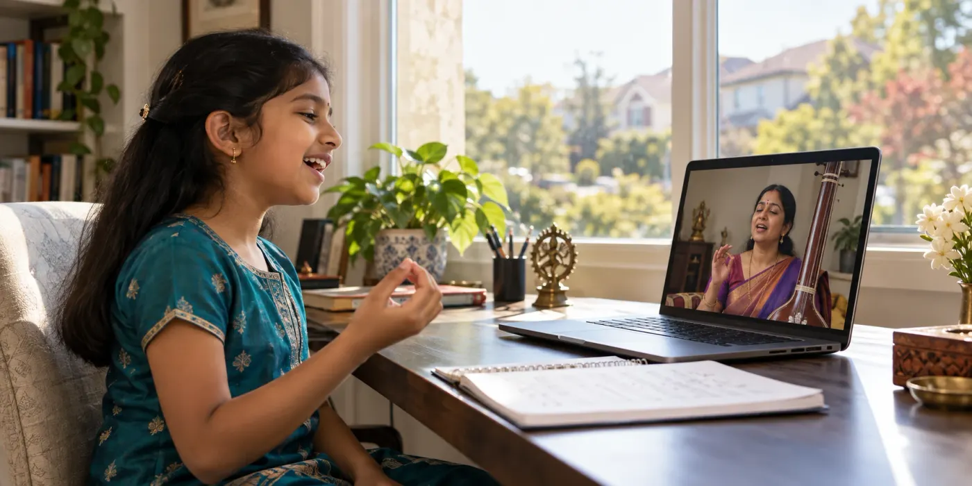 A student singing along with her Artium teacher in a live 1:1 online class