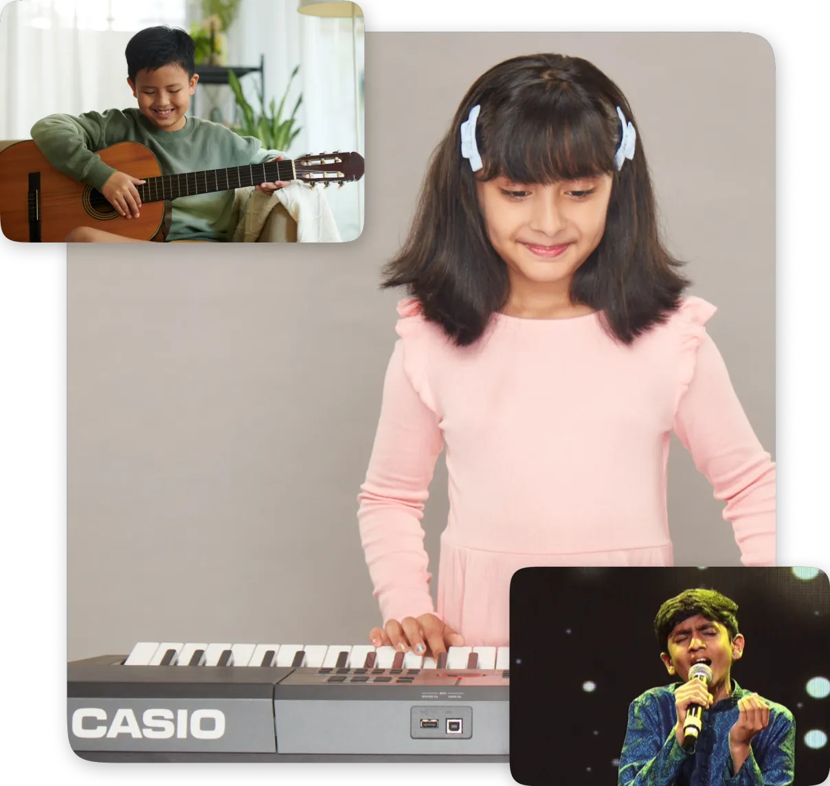 A girl playing the keyboard in her online music class, with a boy learning guitar and a young singer on stage