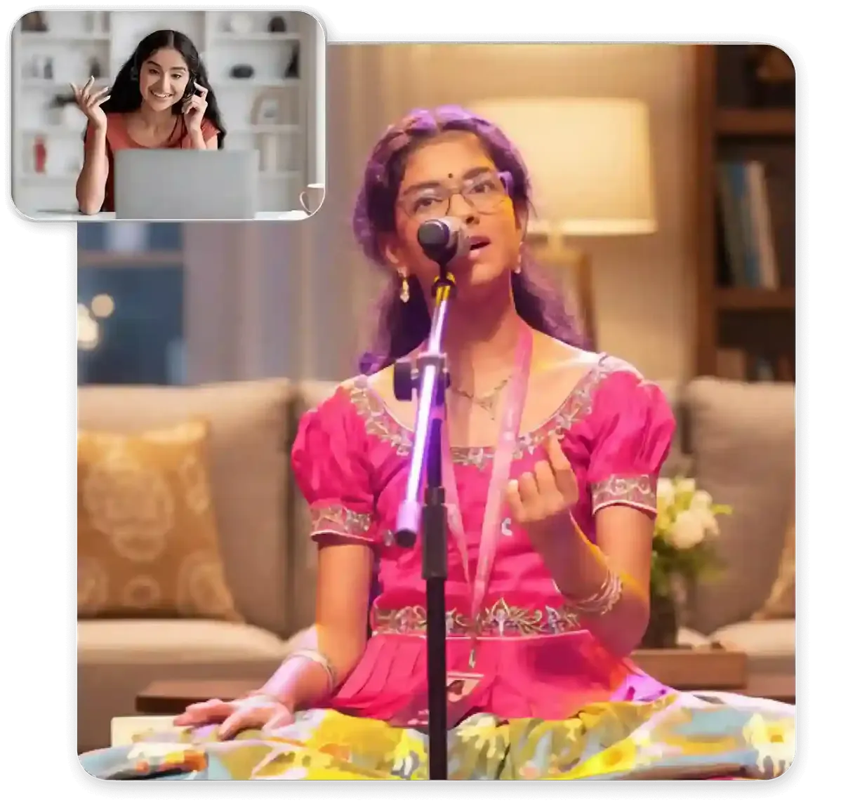 A girl in a pink pavadai singing Carnatic music at a microphone in her online class, with her teacher on video
