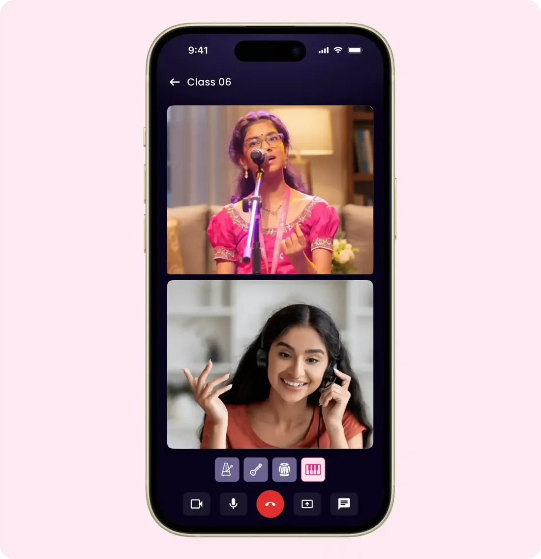 A live Artium Carnatic class on a phone: the child singing at a microphone and her teacher on video