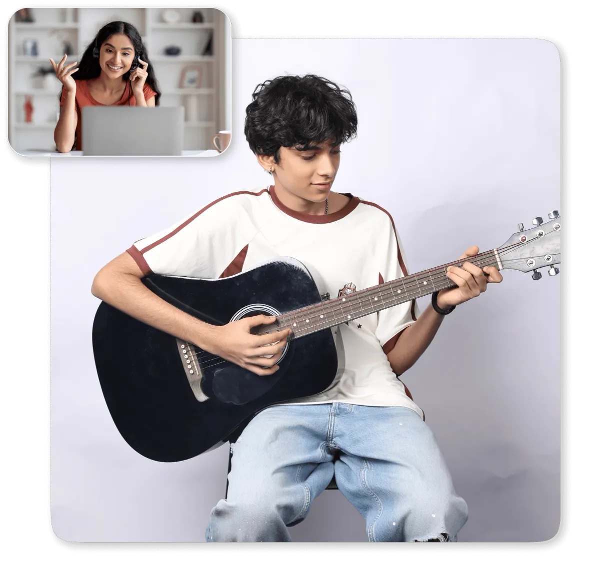 A boy playing the acoustic guitar in his online class, with his teacher on video