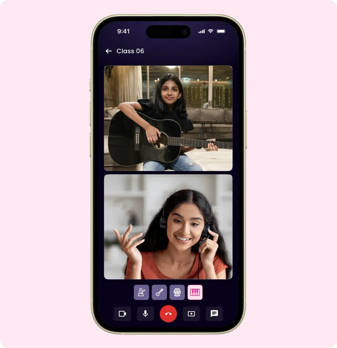 A live Artium guitar class on a phone: the child with her guitar and her teacher on video