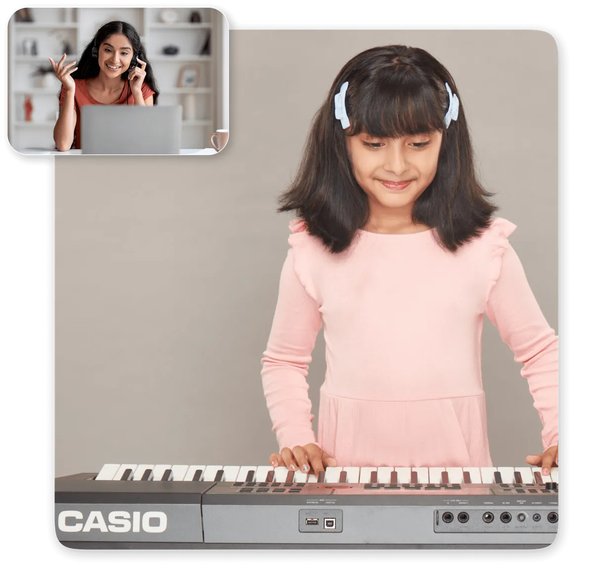 A girl playing the keyboard in her online piano class, with her teacher on video