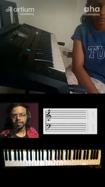 A young learner playing the keyboard with her teacher in a live class