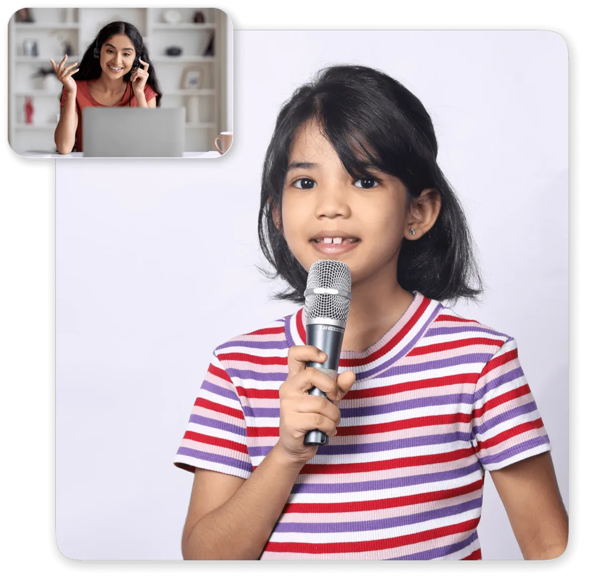 A girl singing into a microphone in her online class, with her teacher on video