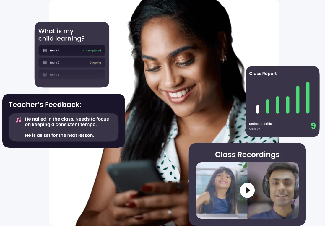A parent checking her child’s class recordings, progress report and teacher feedback on the Artium app