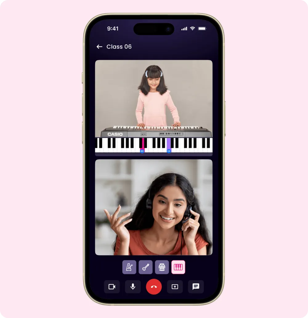A live Artium class on a phone: the child at the keyboard and her teacher on video