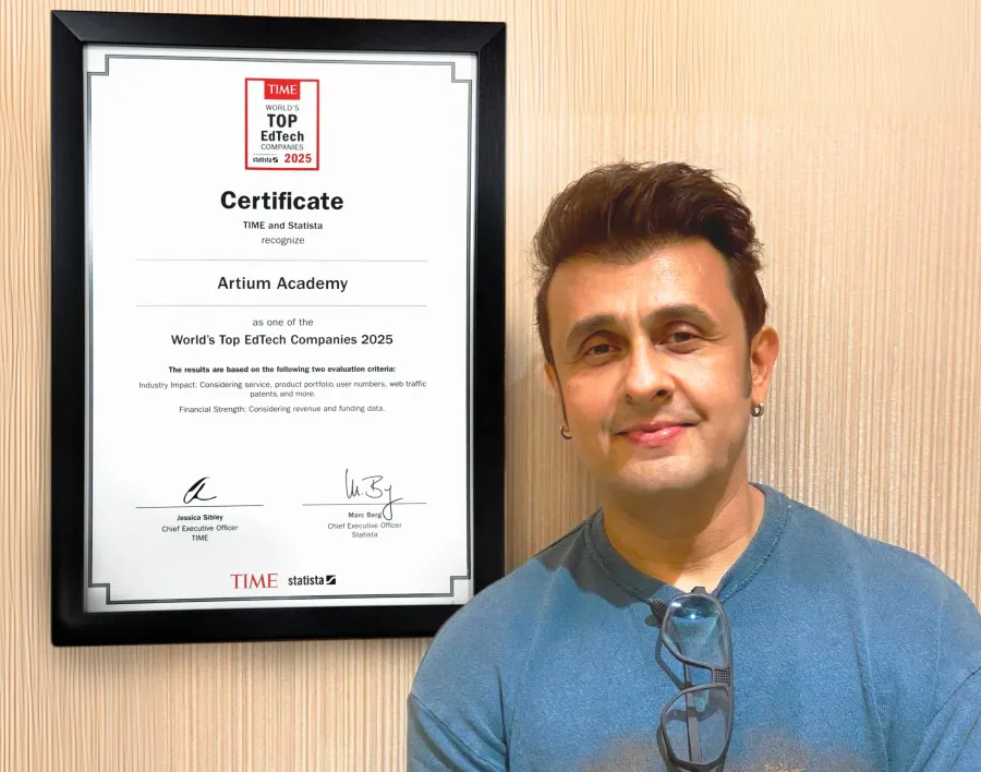 Sonu Nigam with Artium Academy’s TIME World’s Top EdTech Companies 2025 certificate