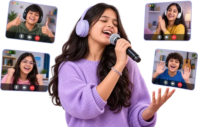 A learner singing into a microphone, with four classmates cheering on video calls