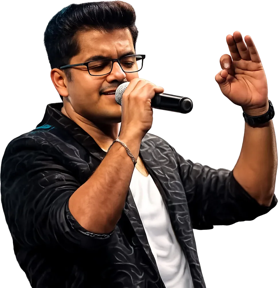 An Artium learner singing into a microphone on stage