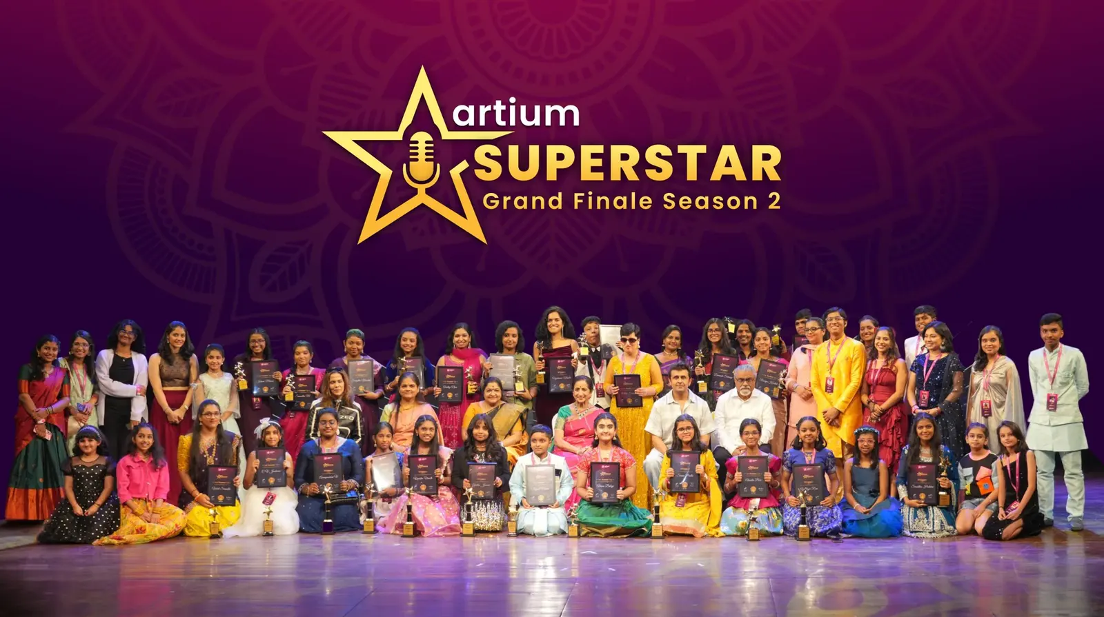 The Artium Superstar Season 2 finalists with the judges on the Grand Finale stage