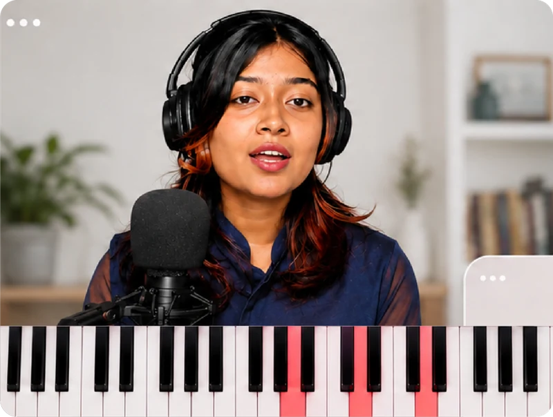 An Artium teacher in headphones singing into a microphone during an online class