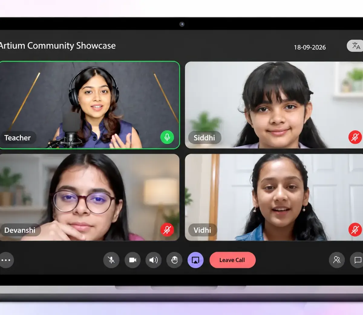 An Artium Community Showcase: a teacher and three learners on a live video call